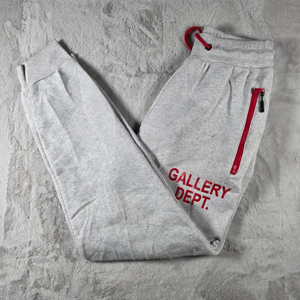 Gallery Dept Sweatpants Mens Large Gray Red Logo Zipper Pocket‎ Joggers